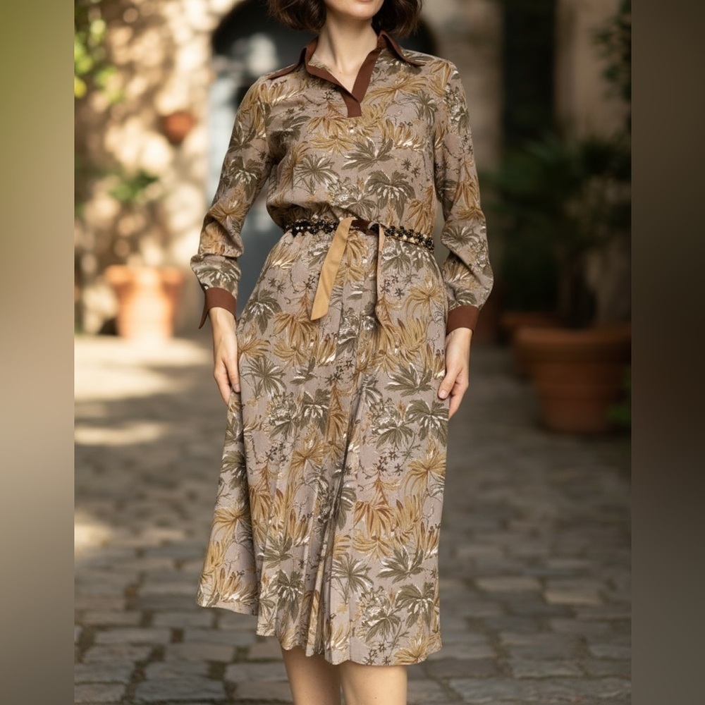 VINTAGE 60s-70s Dress dagger collar pleated midi fit & flare Cottagegore XS